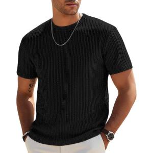 image:imageUOUA Mens TShirts Short Sleeve Sweatshirt Casual Crewneck Textured Knit Pullover Tee TopsBlack