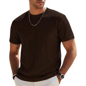image:imageUOUA Mens TShirts Short Sleeve Sweatshirt Casual Crewneck Textured Knit Pullover Tee TopsBrown