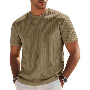 image:imageUOUA Mens TShirts Short Sleeve Sweatshirt Casual Crewneck Textured Knit Pullover Tee TopsKhaki