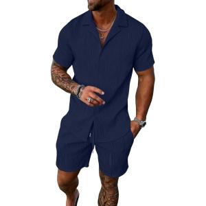 image:imageUOUA Summer Outfits for Men 2 Piece Short Sleeve Button Down Shirt amp Shorts Set Casual Vacation Beach TracksuitCuba Navy Blue