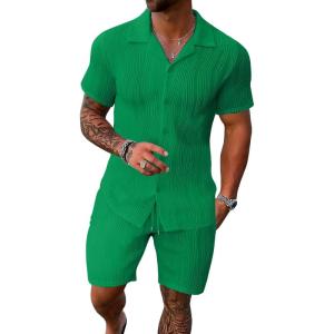 image:imageUOUA Summer Outfits for Men 2 Piece Short Sleeve Button Down Shirt amp Shorts Set Casual Vacation Beach TracksuitCubaemerald