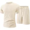 image:imageUOUA Mens Summer Outfits 2 Piece Short Set Casual Track Suits Matching Crew Neck Shirt and Vacation ShortsBeige