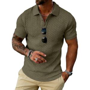 image:imageUOUA Mens Casual Polo Shirt Summer Short SleeveTShirt Vacation Textured Golf Top Beach ClothesArmygreen