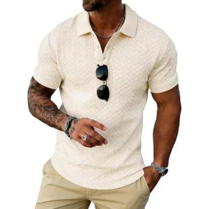 image:imageUOUA Mens Casual Polo Shirt Summer Short SleeveTShirt Vacation Textured Golf Top Beach ClothesBeige