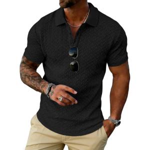 image:imageUOUA Mens Casual Polo Shirt Summer Short SleeveTShirt Vacation Textured Golf Top Beach ClothesBlack
