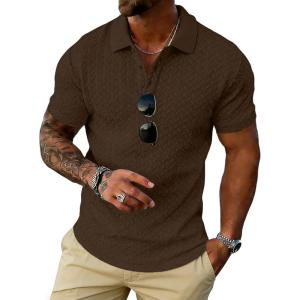 image:imageUOUA Mens Casual Polo Shirt Summer Short SleeveTShirt Vacation Textured Golf Top Beach ClothesBrown