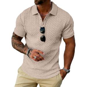 image:imageUOUA Mens Casual Polo Shirt Summer Short SleeveTShirt Vacation Textured Golf Top Beach ClothesKhaki