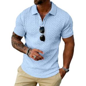 image:imageUOUA Mens Casual Polo Shirt Summer Short SleeveTShirt Vacation Textured Golf Top Beach ClothesLightblue
