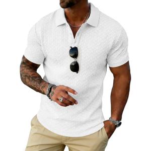 image:imageUOUA Mens Casual Polo Shirt Summer Short SleeveTShirt Vacation Textured Golf Top Beach ClothesWhite