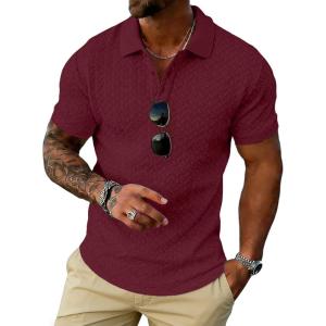 image:imageUOUA Mens Casual Polo Shirt Summer Short SleeveTShirt Vacation Textured Golf Top Beach ClothesWine
