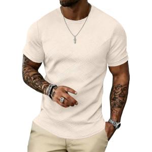 image:imageUOUA Mens Crewneck Sweatshirts Soild Color Geometric Texture T Shirts Short Sleeve Casual Pullover ShirtNew Apricot