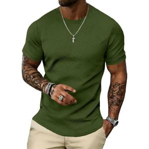 image:imageUOUA Mens Crewneck Sweatshirts Soild Color Geometric Texture T Shirts Short Sleeve Casual Pullover ShirtNew Armygreen