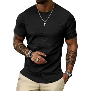 image:imageUOUA Mens Crewneck Sweatshirts Soild Color Geometric Texture T Shirts Short Sleeve Casual Pullover ShirtNew Black