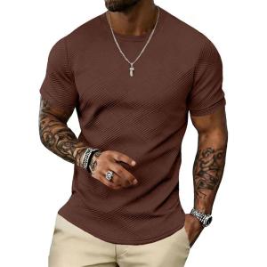 image:imageUOUA Mens Crewneck Sweatshirts Soild Color Geometric Texture T Shirts Short Sleeve Casual Pullover ShirtNew Brown