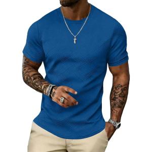 image:imageUOUA Mens Crewneck Sweatshirts Soild Color Geometric Texture T Shirts Short Sleeve Casual Pullover ShirtNew Denimblue