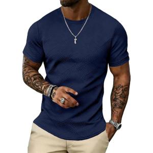 image:imageUOUA Mens Crewneck Sweatshirts Soild Color Geometric Texture T Shirts Short Sleeve Casual Pullover ShirtNew Navyblue