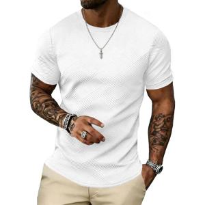 image:imageUOUA Mens Crewneck Sweatshirts Soild Color Geometric Texture T Shirts Short Sleeve Casual Pullover ShirtNew White