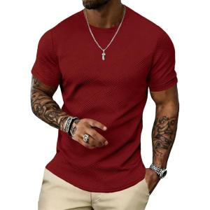 image:imageUOUA Mens Crewneck Sweatshirts Soild Color Geometric Texture T Shirts Short Sleeve Casual Pullover ShirtNew Wine