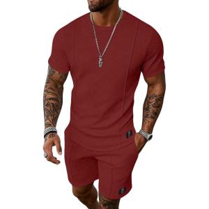 image:imageUOUA Mens Shorts Set 2 Piece Summer Outfits Casual Vacation TracksuitsWine