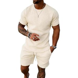 image:imageUOUA Mens Summer Outfits 2 Piece Short Set Casual Track Suits Matching Crew Neck Shirt and Vacation ShortsBeige