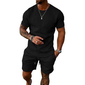 image:imageUOUA Mens Summer Outfits 2 Piece Short Set Casual Track Suits Matching Crew Neck Shirt and Vacation ShortsBlack