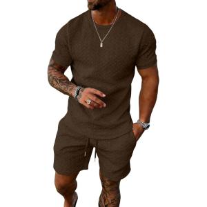 image:imageUOUA Mens Summer Outfits 2 Piece Short Set Casual Track Suits Matching Crew Neck Shirt and Vacation ShortsBrown
