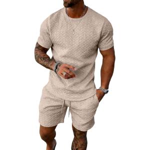 image:imageUOUA Mens Summer Outfits 2 Piece Short Set Casual Track Suits Matching Crew Neck Shirt and Vacation ShortsKhaki