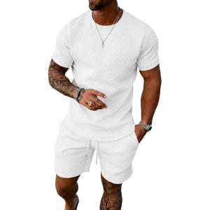 image:imageUOUA Mens Summer Outfits 2 Piece Short Set Casual Track Suits Matching Crew Neck Shirt and Vacation ShortsWhite