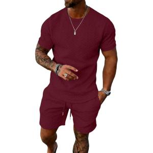 image:imageUOUA Mens Summer Outfits 2 Piece Short Set Casual Track Suits Matching Crew Neck Shirt and Vacation ShortsWine