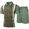 image:imageUOUA Mens Summer Track Suits 2 Piece Shorts Sets Short Sleeve Sweatsuit Outfits 14 Zip Golf Polo Splicing Striped ShirtsArmy Green Stripe Ltgreen