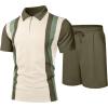 image:imageUOUA Mens Summer Track Suits 2 Piece Shorts Sets Short Sleeve Sweatsuit Outfits 14 Zip Golf Polo Splicing Striped ShirtsBeige Stripe Army Green