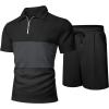 image:imageUOUA Mens Summer Track Suits 2 Piece Shorts Sets Short Sleeve Sweatsuit Outfits 14 Zip Golf Polo Splicing Striped ShirtsBlack Darkgrey