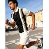 image:imageUOUA Mens Summer Track Suits 2 Piece Shorts Sets Short Sleeve Sweatsuit Outfits 14 Zip Golf Polo Splicing Striped ShirtsBlack Stripe Beige