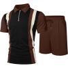 image:imageUOUA Mens Summer Track Suits 2 Piece Shorts Sets Short Sleeve Sweatsuit Outfits 14 Zip Golf Polo Splicing Striped ShirtsBlack Stripe Brown