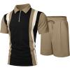 image:imageUOUA Mens Summer Track Suits 2 Piece Shorts Sets Short Sleeve Sweatsuit Outfits 14 Zip Golf Polo Splicing Striped ShirtsBlack Stripe Khaki