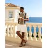 image:imageUOUA Mens Summer Track Suits 2 Piece Shorts Sets Short Sleeve Sweatsuit Outfits 14 Zip Golf Polo Splicing Striped ShirtsKhaki Stripe Beige