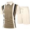 image:imageUOUA Mens Summer Track Suits 2 Piece Shorts Sets Short Sleeve Sweatsuit Outfits 14 Zip Golf Polo Splicing Striped ShirtsKhaki Stripe Beige