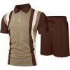 image:imageUOUA Mens Summer Track Suits 2 Piece Shorts Sets Short Sleeve Sweatsuit Outfits 14 Zip Golf Polo Splicing Striped ShirtsKhaki Stripe Brown