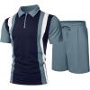 image:imageUOUA Mens Summer Track Suits 2 Piece Shorts Sets Short Sleeve Sweatsuit Outfits 14 Zip Golf Polo Splicing Striped ShirtsNavy Stripe Denim Blue
