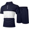 image:imageUOUA Mens Summer Track Suits 2 Piece Shorts Sets Short Sleeve Sweatsuit Outfits 14 Zip Golf Polo Splicing Striped ShirtsNavy White