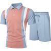 image:imageUOUA Mens Summer Track Suits 2 Piece Shorts Sets Short Sleeve Sweatsuit Outfits 14 Zip Golf Polo Splicing Striped ShirtsPink Stripe Ltblue