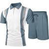 image:imageUOUA Mens Summer Track Suits 2 Piece Shorts Sets Short Sleeve Sweatsuit Outfits 14 Zip Golf Polo Splicing Striped ShirtsWhite Stripe Denim Blue