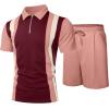 image:imageUOUA Mens Summer Track Suits 2 Piece Shorts Sets Short Sleeve Sweatsuit Outfits 14 Zip Golf Polo Splicing Striped ShirtsWine Stripe Pink