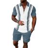 image:imageUOUA Mens Summer Track Suits 2 Piece Shorts Sets Short Sleeve Sweatsuit Outfits 14 Zip Golf Polo Splicing Striped ShirtsWhite Stripe Denim Blue
