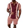 image:imageUOUA Mens Summer Track Suits 2 Piece Shorts Sets Short Sleeve Sweatsuit Outfits 14 Zip Golf Polo Splicing Striped ShirtsWine Stripe Pink