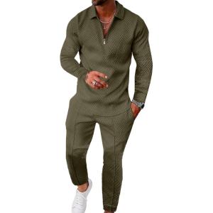 image:imageUOUA Mens 2 Piece Set Casual Outfits Polo Long Sleeve Shirt amp Pants Tracksuit Loungewear Athletic Jogger SweatsuitArmy Green