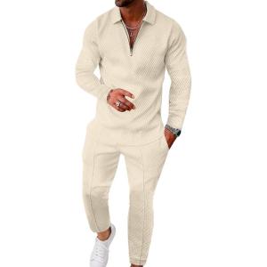 image:imageUOUA Mens 2 Piece Set Casual Outfits Polo Long Sleeve Shirt amp Pants Tracksuit Loungewear Athletic Jogger SweatsuitBeige