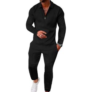 image:imageUOUA Mens 2 Piece Set Casual Outfits Polo Long Sleeve Shirt amp Pants Tracksuit Loungewear Athletic Jogger SweatsuitBlack