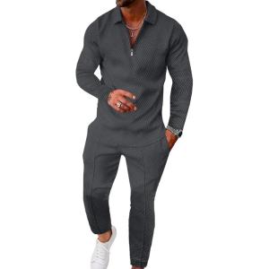 image:imageUOUA Mens 2 Piece Set Casual Outfits Polo Long Sleeve Shirt amp Pants Tracksuit Loungewear Athletic Jogger SweatsuitDark Grey
