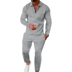 image:imageUOUA Mens 2 Piece Set Casual Outfits Polo Long Sleeve Shirt amp Pants Tracksuit Loungewear Athletic Jogger SweatsuitLight Grey